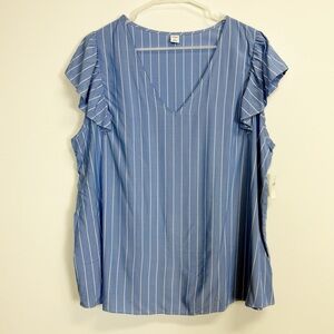 Old Navy Shirt Womens XL Blue White Stripe Ruffle Sleeve V Neck Rayon Top NWT